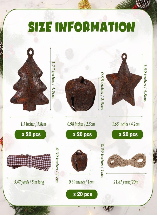 Otoolling 82 Pcs Rusty Metal Jingle Bells Kit Supplies Christmas Sleigh Bells Rustic Craft Mini Rusted Metal Jingle Xmas Tree Stars Bell with Jute Twine Plaid Ribbon for Xmas Tree Home Decor DIY Craft - Image 2